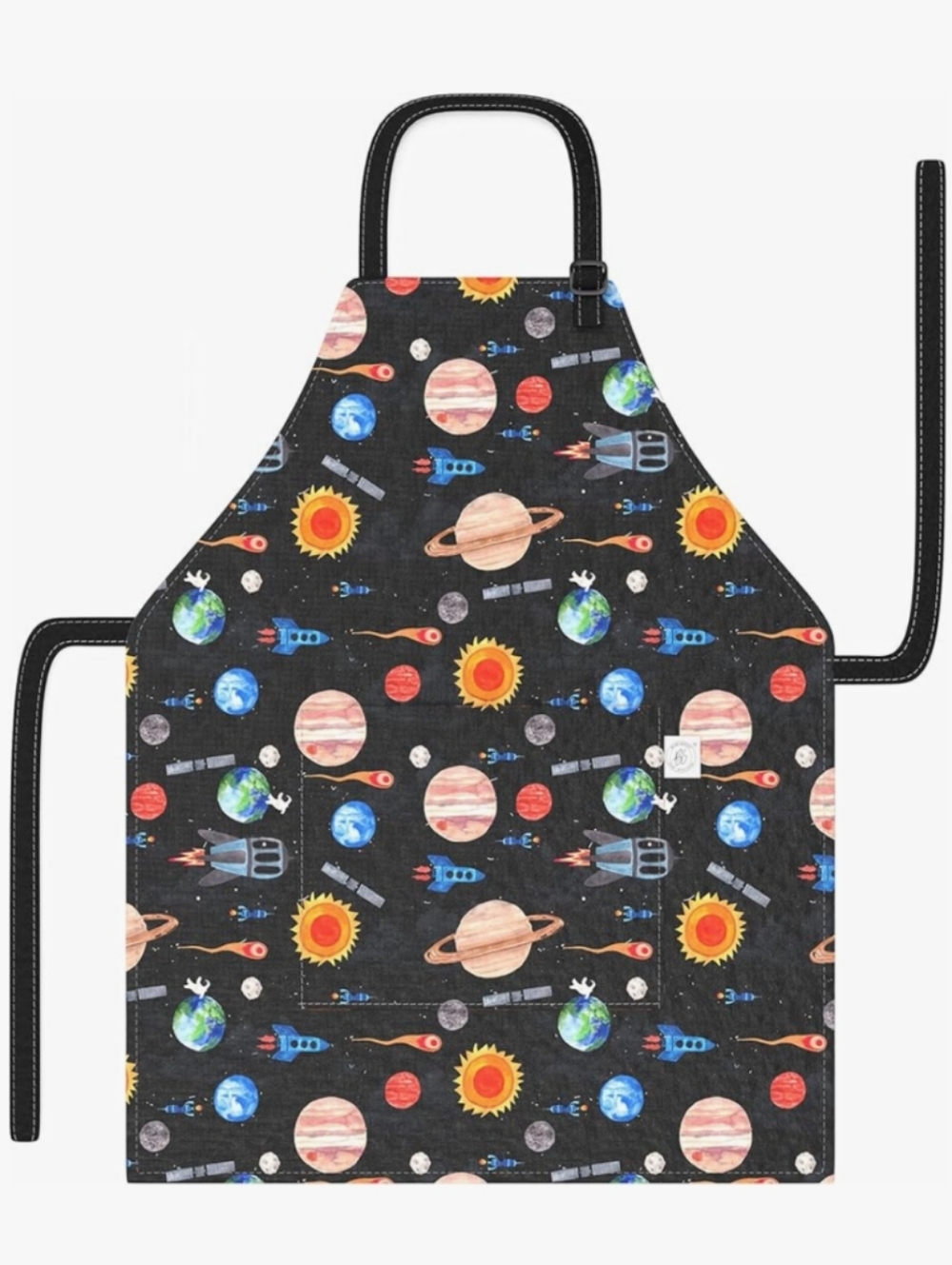 Kids Black Space-Print Bib Apron with Pocket Size Small